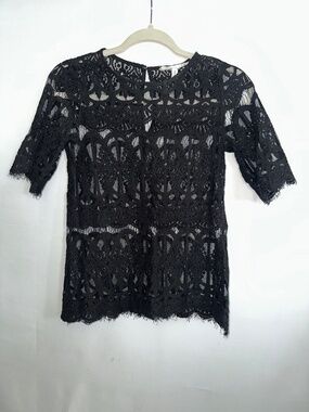 BCBG | Black Lace Blouse Short Sleeve Sheer | XXS
